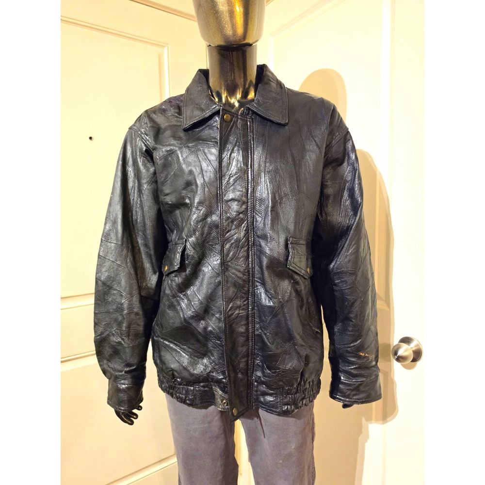 Leather King Men's Black Genuine Leather Bomber Jacket Full Zip Pockets 2XL